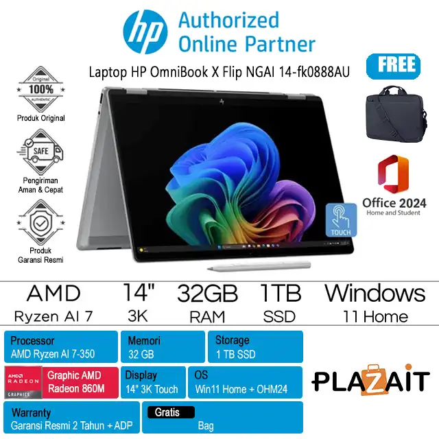 HP OmniBook X Flip Next Gen AI 14 fk0888AU - BM7R7PA /AMD Ryzen AI 7-350/32GB/1TB SSD/AMD Radeon Graphics/14″ 3K Touch/Win 11 Home+OH24+M365/Silver/2Y