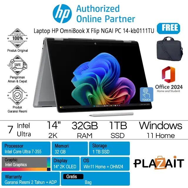 HP OmniBook X Flip Next Gen AI PC 14-kb0111TU - DK3T9PA /Intel Core Ultra 7-355/32GB/1TB SSD/Intel Graphics/14" 2K Touch/Win 11 Home+OH24+M365/Silver/2Y