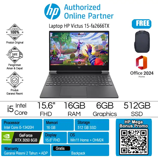 HP Victus 15-fa2666TX - B6NR1PA /Intel Core i5-13420H/16GB/512GB SSD/RTX3050 6GB/15.6" FHD/Win 11 Home+OH24+M365/Mica Silver/2Y