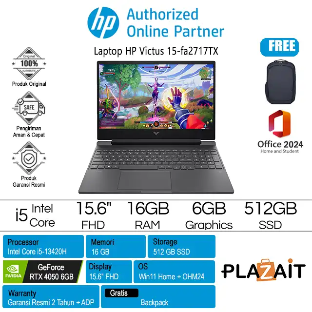 HP Victus 15-fa2717TX - B7WA7PA /Intel Core i5-13420H/16GB/512GB SSD/RTX4050 6GB/15.6" FHD/Win 11 Home+OH24+M365/Mica Silver/2Y
