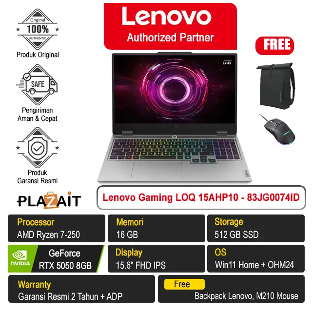 Lenovo Gaming LOQ 15AHP10 - 83JG0074ID /AMD Ryzen 7-250/16GB/512GB SSD/RTX5050 8GB/15.6″ FHD/Win 11 Home+OH24+M365/Luna Grey/2Y
