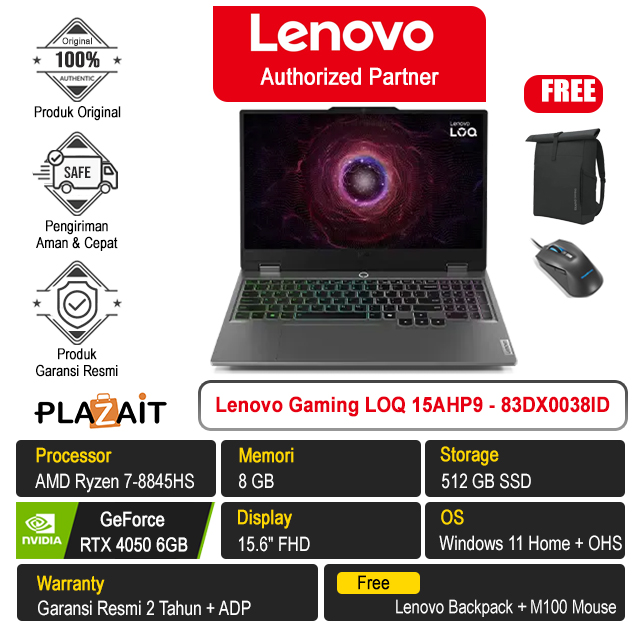 Lenovo Gaming LOQ 15AHP9 - 83DX0038ID /AMD Ryzen 7-8845HS/8GB/512GB SSD/RTX4050 6GB/15.6″ FHD/Win 11 Home+OHS 2021/Luna Grey/2Y