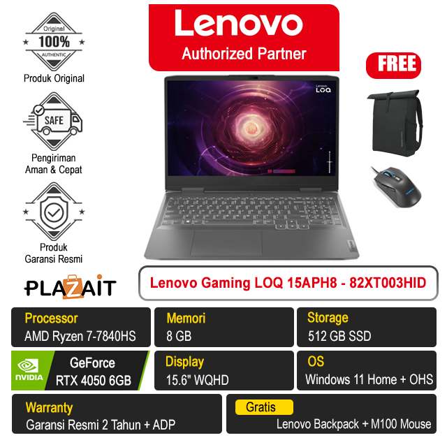 Lenovo Gaming LOQ 15APH8 - 82XT003HID /AMD Ryzen 7-7840HS/8GB/512GB SSD/RTX4050 6GB/15.6″ WQHD/Win 11 Home+OHS 2021/Storm Grey/2Y