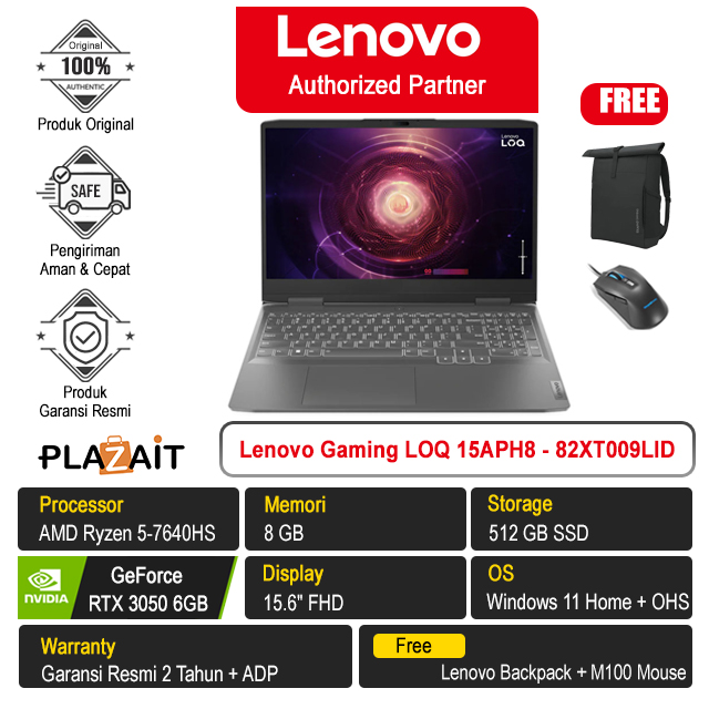 Lenovo Gaming LOQ 15APH8 - 82XT009LID /AMD Ryzen 5-7640HS/8GB/512GB SSD/RTX3050 6GB/15.6″ FHD/Win 11 Home+OHS 2021/Storm Grey/2Y