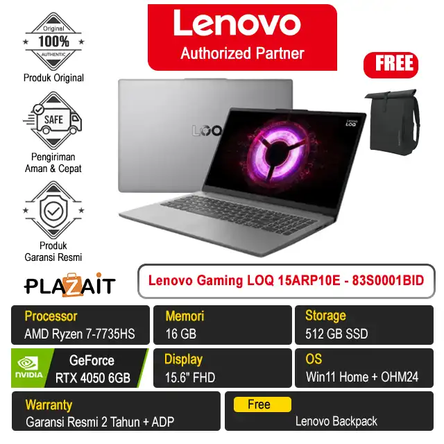 Lenovo Gaming LOQ 15ARP10E Essential - 83S0001BID /AMD Ryzen 7-7735HS/16GB/512GB SSD/RTX4050 6GB/15.6″ FHD/Win 11 Home+OH24+M365/Luna Grey/2Y