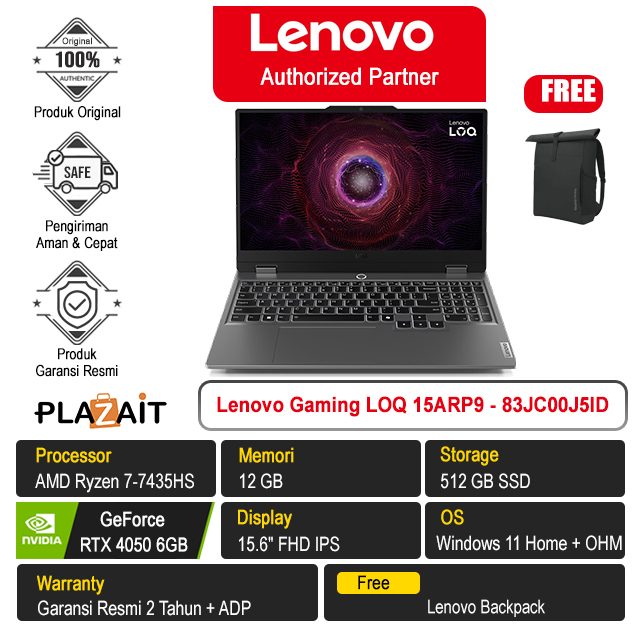 Lenovo Gaming LOQ 15ARP9 - 83JC00J5ID /AMD Ryzen 7-7435HS/12GB/512GB SSD/RTX4050 6GB/15.6″ FHD/Win 11 Home+OHM 2024/Luna Grey/2Y