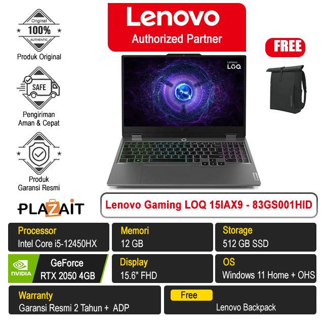 Lenovo Gaming LOQ 15IAX9 - 83GS001HID /Intel Core i5-12450HX/12GB/512GB SSD/RTX2050 4GB/15.6″ FHD/Win 11 Home+OHS 2021/Luna Grey/2Y