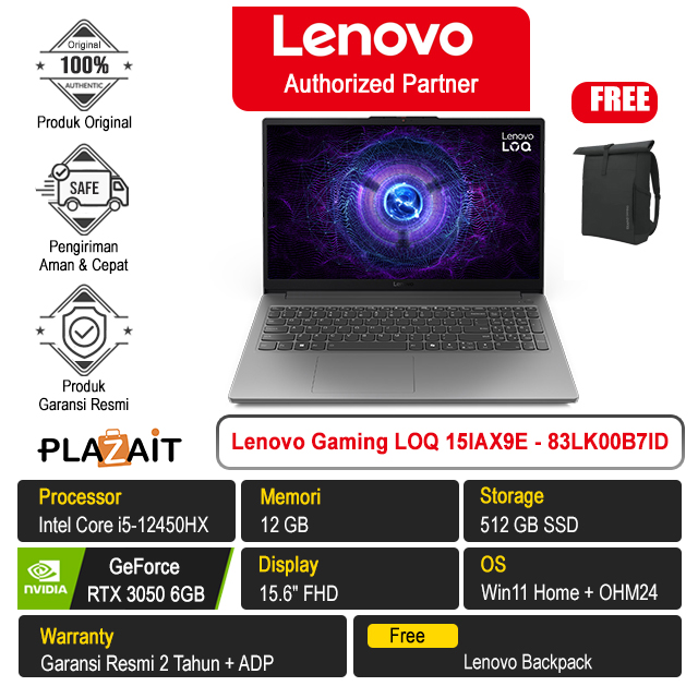 Lenovo Gaming LOQ 15IAX9E Essential - 83LK00B7ID /Intel Core i5-12450HX/12GB/512GB SSD/RTX3050 6GB/15.6″ FHD/Win 11 Home+OH24+M365/Luna Grey/2Y