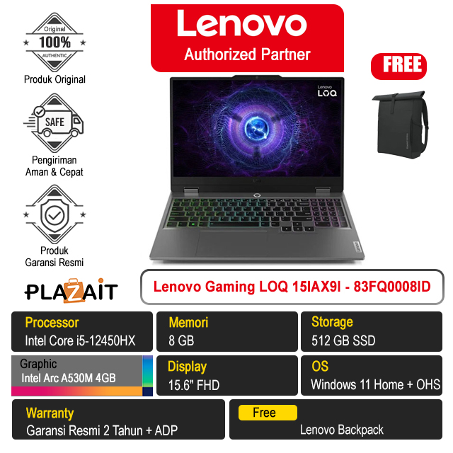 Lenovo Gaming LOQ 15IAX9I - 83FQ0008ID /Intel Core i5-12450HX/8GB/512GB SSD/Arc A530M 4GB/15.6″ FHD/Win 11 Home+OHS 2021/Luna Grey/2Y