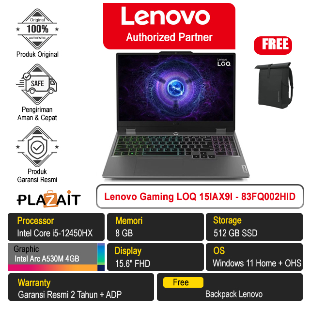 Lenovo Gaming LOQ 15IAX9I - 83FQ002HID /Intel Core i5-12450HX/8GB/512GB SSD/Arc A530M 4GB/15.6″ FHD/Win 11 Home+OHS 2021/Luna Grey/2Y