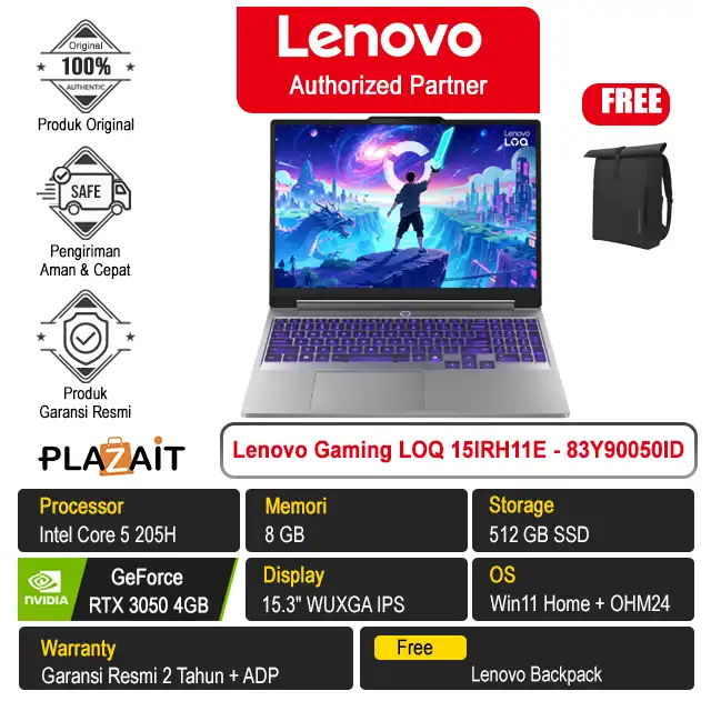 Lenovo Gaming LOQ 15IRH11E Essential - 83Y90050ID /Intel Core 5 205H/8GB/512GB SSD/RTX3050 4GB/15.3" WUXGA/Win 11 Home+OH24+M365/Luna Grey/2Y