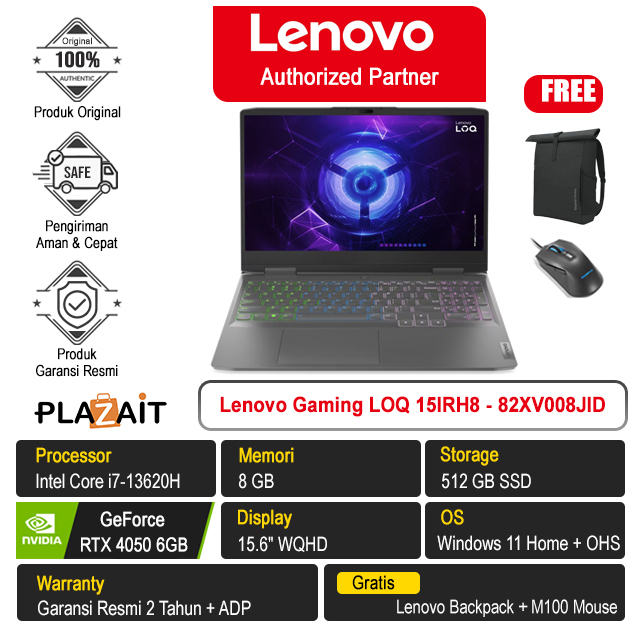 Lenovo Gaming LOQ 15IRH8 – 82XV008JID /Intel Core i7-13620H/8GB/512GB SSD/RTX4050 6GB/15.6″ WQHD/Win 11 Home+OHS 2021/Storm Grey/2Y