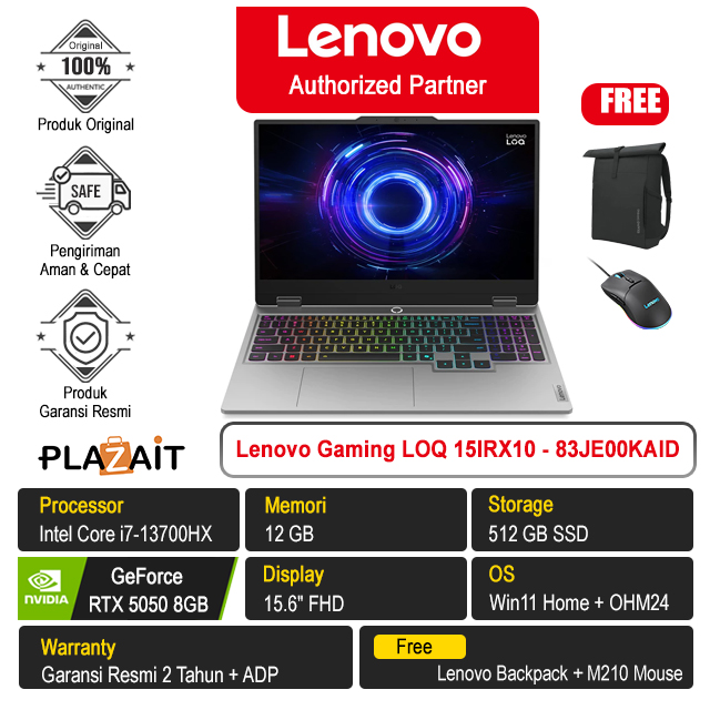 Lenovo Gaming LOQ 15IRX10 - 83JE00KAID /Intel Core i7-13700HX/12GB/512GB SSD/RTX5050 8GB/15.6″ FHD/Win 11 Home+OH24+M365//Luna Grey/2Y