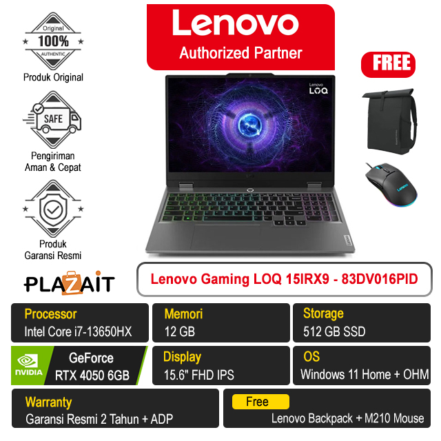 Lenovo Gaming LOQ 15IRX9 - 83DV016PID /Intel Core i7-13650HX/12GB/512GB SSD/RTX4050 6GB/15.6″ FHD/Win 11 Home+OHM 2024/Luna Grey/2Y