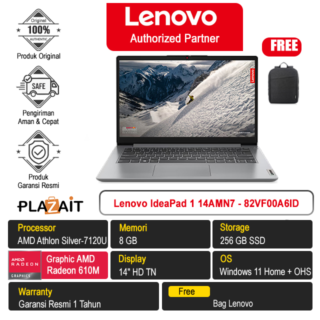 Lenovo IdeaPad 1 14AMN7 - 82VF00A6ID /AMD Athlon Silver-7120U/8GB/256GB SSD/AMD Radeon 610M Graphics/14" HD TN/Win 11 Home+OHS 2021/Cloud Grey/1Y