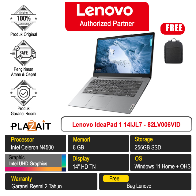 Lenovo IdeaPad 1 14IJL7 - 82LV006VID /Intel Celeron N4500/8GB/256GB SSD/Intel UHD Graphics/14″ HD TN/Win 11 Home+OHS 2021/Cloud Grey/2Y