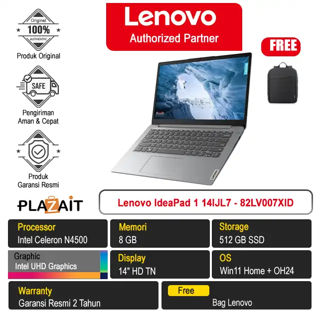Lenovo IdeaPad 1 14IJL7 - 82LV007XID /Intel Celeron N4500/8GB/512GB SSD/Intel UHD Graphics/14″ HD TN/Win 11 Home+OH24/Cloud Grey/2Y