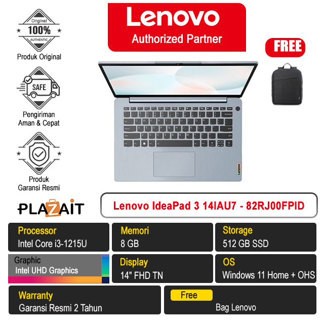 Lenovo IdeaPad 3 14IAU7 - 82RJ00FPID /Intel Core i3-1215U/8GB/512GB SSD/Intel UHD Graphics/14″ FHD TN/Win 11 Home+OHS 2021/Misty Blue/2Y