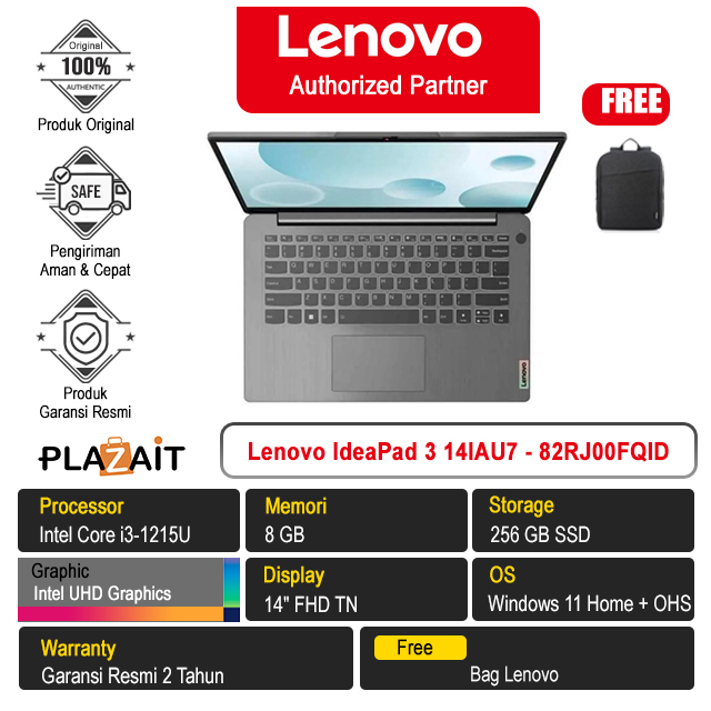 Lenovo IdeaPad 3 14IAU7 - 82RJ00FQID /Intel Core i3-1215U/8GB/256GB SSD/Intel UHD Graphics/14″ FHD TN/Win 11 Home+OHS 2021/Arctic Grey/2Y