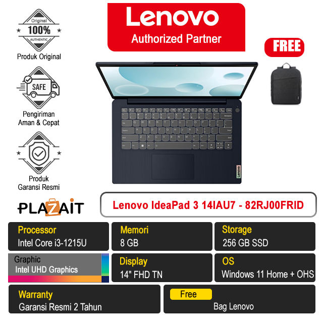 Lenovo IdeaPad 3 14IAU7 - 82RJ00FRID /Intel Core i3-1215U/8GB/256GB SSD/Intel UHD Graphics/14″ FHD TN/Win 11 Home+OHS 2021/Abyss Blue/2Y