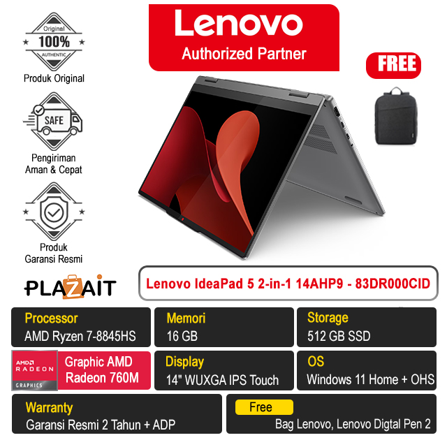 Lenovo IdeaPad 5 2-in-1 14AHP9 - 83DR000CID /AMD Ryzen 7-8845HS/16GB/512GB SSD/AMD Radeon 760M Graphics/14" WUXGA IPS Touch/Win 11 Home+OHS 2021/Luna Grey/2Y