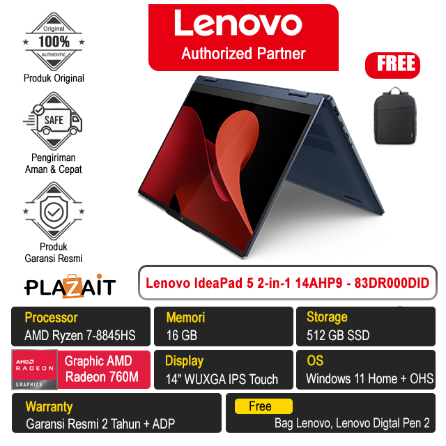 Lenovo IdeaPad 5 2-in-1 14AHP9 - 83DR000DID /AMD Ryzen 7-8845HS/16GB/512GB SSD/AMD Radeon 760M Graphics/14" WUXGA IPS Touch/Win 11 Home+OHS 2021/Cosmic Blue/2Y