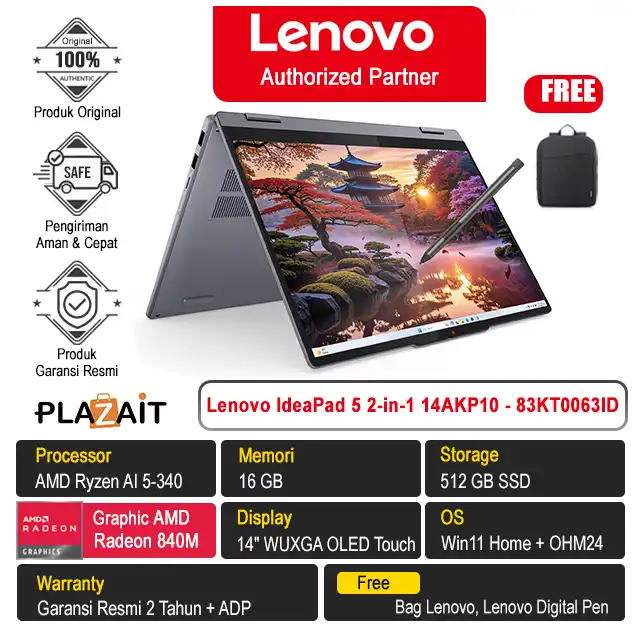 Lenovo IdeaPad 5 2-in-1 14AKP10 - 83KT0063ID /AMD Ryzen AI 5-340/16GB/512GB SSD/AMD Radeon Graphics/14" WUXGA Touch/Win 11 Home+OH24+M365/Luna Grey/2Y