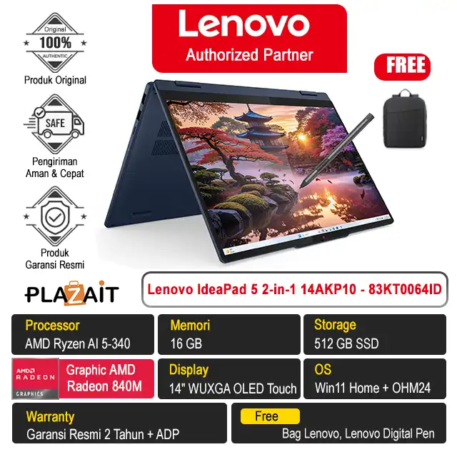 Lenovo IdeaPad 5 2-in-1 14AKP10 - 83KT0064ID /AMD Ryzen AI 5-340/16GB/512GB SSD/AMD Radeon Graphics/14" WUXGA Touch/Win 11 Home+OH24+M365/Cosmic Blue/2Y