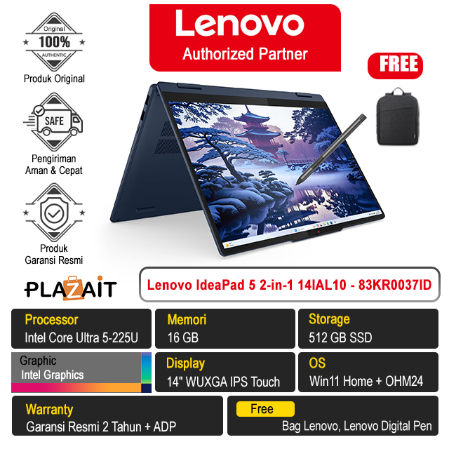 Lenovo IdeaPad 5 2-in-1 14IAL10 - 83KR0037ID /Intel Core Ultra 5-225U/16GB/512GB SSD/Intel Graphics/14" WUXGA Touch/Win 11 Home+OH24+M365/Cosmic Blue/2Y
