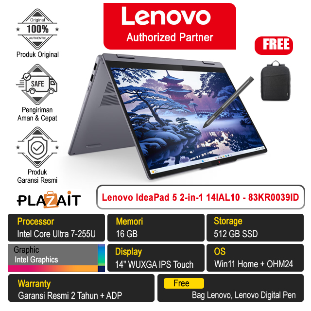 Lenovo IdeaPad 5 2-in-1 14IAL10 - 83KR0039ID /Intel Core Ultra 7-255U/16GB/512GB SSD/Intel Graphics/14" WUXGA Touch/Win 11 Home+OH24+M365/Luna Grey/2Y