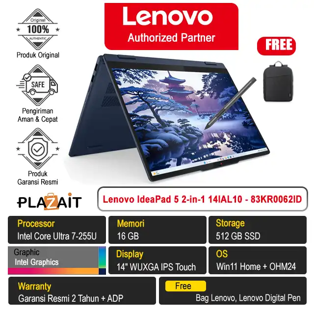 Lenovo IdeaPad 5 2-in-1 14IAL10 - 83KR0062ID /Intel Core Ultra 7-255U/16GB/512GB SSD/Intel Graphics/14" WUXGA Touch/Win 11 Home+OH24+M365/Cosmic Blue/2Y