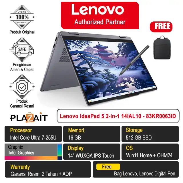 Lenovo IdeaPad 5 2-in-1 14IAL10 - 83KR0063ID /Intel Core Ultra 7-255U/16GB/512GB SSD/Intel Graphics/14" WUXGA Touch/Win 11 Home+OH24+M365/Luna Grey/2Y