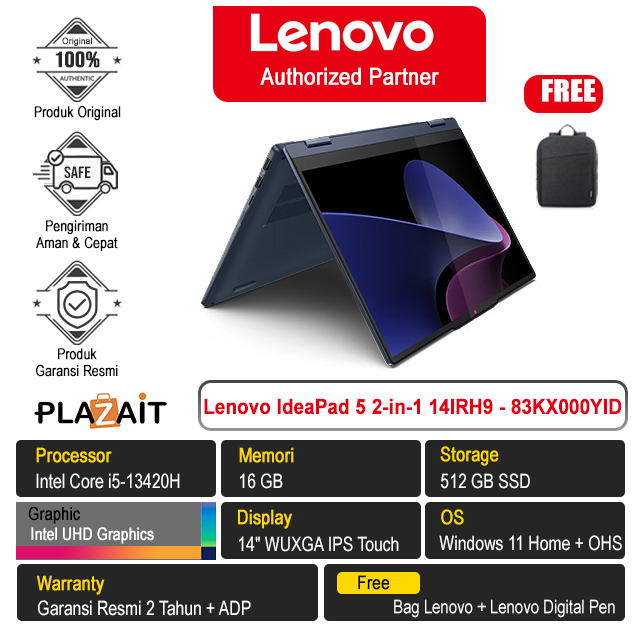 Lenovo IdeaPad 5 2-in-1 14IRH9 - 83KX000YID /Intel Core i5-13420H/16GB/512GB SSD/Intel UHD Graphics/14″ WUXGA IPS Touch/Win 11 Home+OHS 2021/Cosmic Blue/2Y
