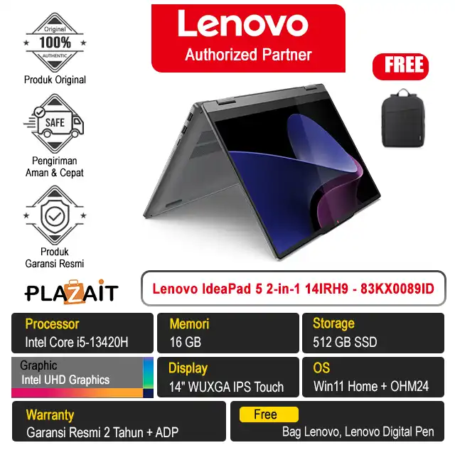 Lenovo IdeaPad 5 2-in-1 14IRH9 - 83KX0089ID /Intel Core i5-13420H/16GB/512GB SSD/Intel UHD Graphics/14″ WUXGA Touch/Win 11 Home+OH24+M365/Luna Grey/2Y