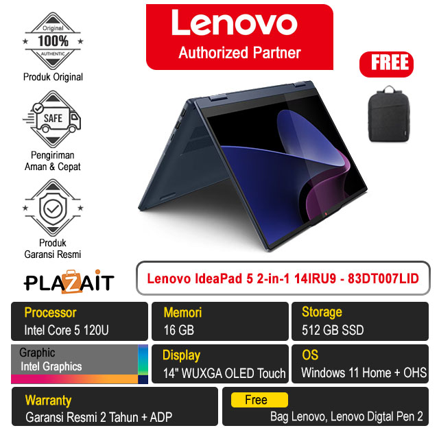 Lenovo IdeaPad 5 2-in-1 14IRU9 - 83DT007LID /Intel Core 5 120U/16GB/512GB SSD/Intel Graphics/14″ WUXGA OLED Touch/Win 11 Home+OHS 2021/Cosmic Blue/2Y