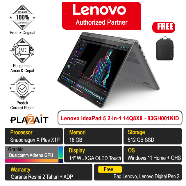 Lenovo IdeaPad 5 2-in-1 14Q8X9 - 83GH001KID /Snapdragon X Plus/16GB/512GB SSD/Qualcomm Adreno/14" WUXGA OLED Touch/Win 11 Home+OHS 2021/Luna Grey/2Y