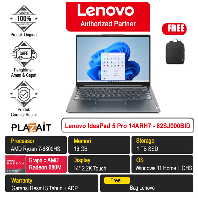 Lenovo IdeaPad 5 Pro 14ARH7 - 82SJ000BID /AMD Ryzen 7-6800HS/16GB/1TB SSD/AMD Radeon 680M Graphics/14" 2.2K Touch/Win 11 Home+OHS 2021/Storm Grey/3Y