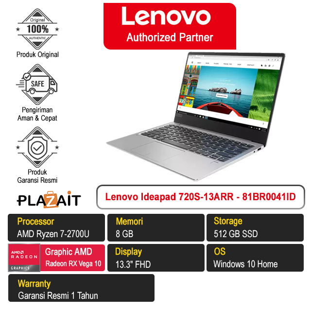 Lenovo Ideapad 720S-13ARR - 81BR0041ID /AMD Ryzen 7-2700U/8GB/512GB SSD/AMD Radeon RX Vega/13.3″ FHD/Win 10 Home/Platinum Grey/1Y