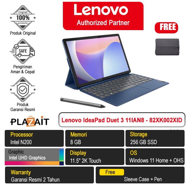 Lenovo IdeaPad Duet 3 11IAN8 - 82XK002XID /Intel N200/8GB/256GB SSD/Intel UHD Graphics/11.5" 2K Touch/Win 11 Home+OHS 2021/Abyss Blue/2Y