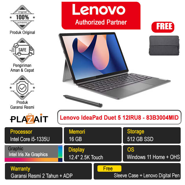 Lenovo IdeaPad Duet 5 12IRU8 - 83B3004MID /Intel Core i5-1335U/16GB/512GB SSD/Intel Iris Xe Graphics/12.4″ 2.5K Touch/Win 11 Home+OHS 2021/Storm Grey/2Y