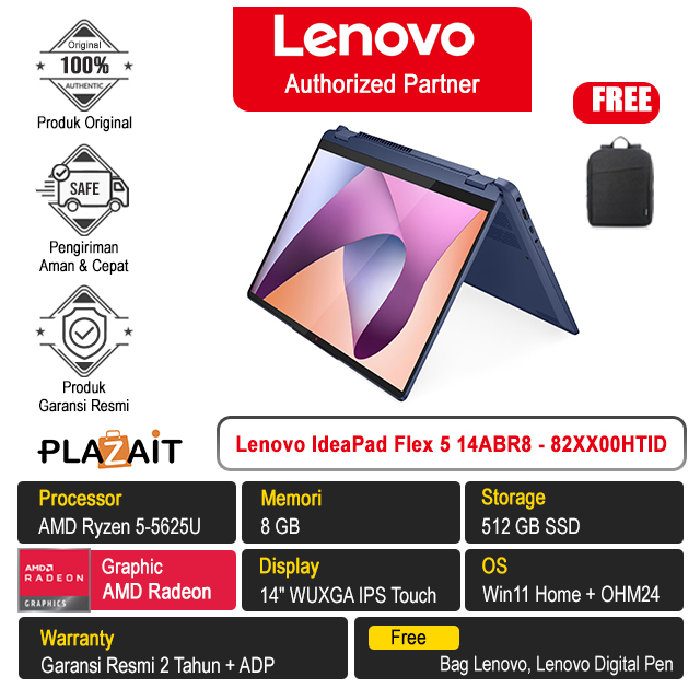 Lenovo IdeaPad Flex 5 14ABR8 - 82XX00HTID /AMD Ryzen 5-5625U/8GB/512GB SSD/AMD Radeon Graphics/14" WUXGA IPS Touch/Win 11 Home+OH24+M365/Abyss Blue/2Y