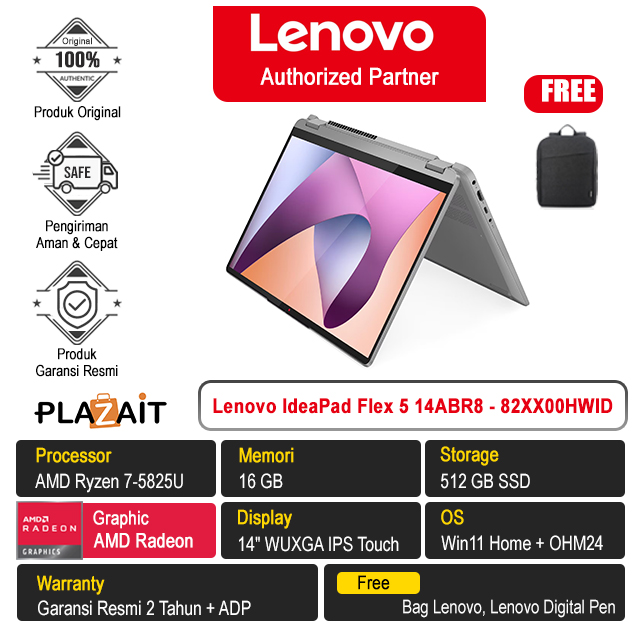 Lenovo IdeaPad Flex 5 14ABR8 - 82XX00HWID /AMD Ryzen 7-5825U/16GB/512GB SSD/AMD Radeon Graphics/14" WUXGA IPS Touch/Win 11 Home+OH24+M365/Arctic Grey/2Y
