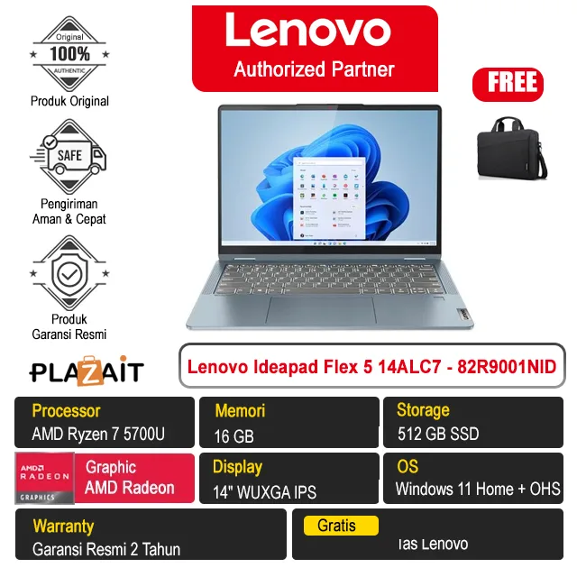 Lenovo Ideapad Flex 5 14ALC7-82R9001NID /AMD Ryzen 7 5700U/16GB/512GB SSD/AMD Radeon Graphics/14″ Touch/Win 11 Home+OHS 2021/Stone Blue/2Y