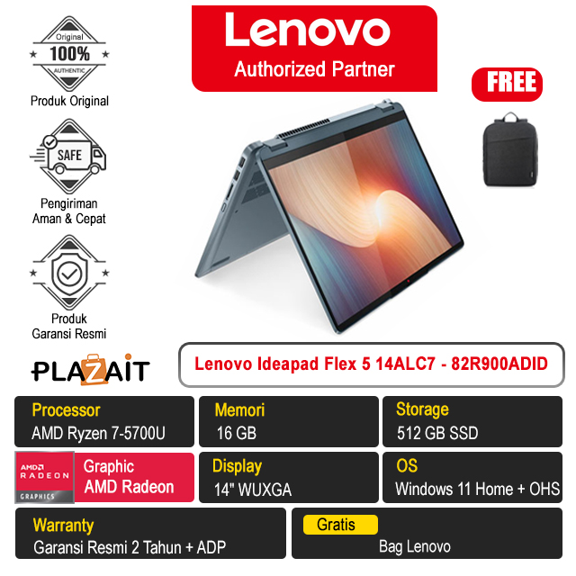 Lenovo Ideapad Flex 5 14ALC7 - 82R900ADID /AMD Ryzen 7-5700U/16GB/512GB SSD/AMD Radeon Graphics/14″ IPS/Win 11 Home+OHS 2021/Stone Blue/2Y