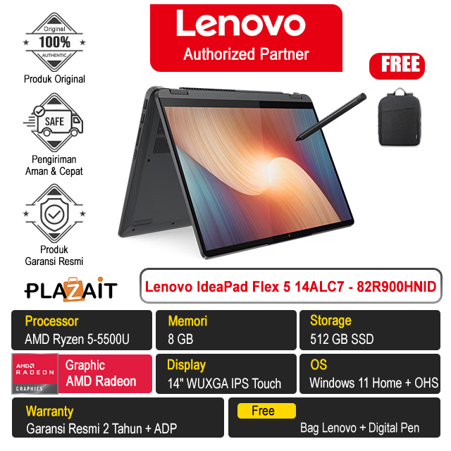 Lenovo IdeaPad Flex 5 14ALC7 - 82R900HNID /AMD Ryzen 5-5500U/8GB/512GB SSD/AMD Radeon Graphics/14″ WUXGA IPS Touch/Win 11 Home+OHS 2021/Storm Grey/2Y