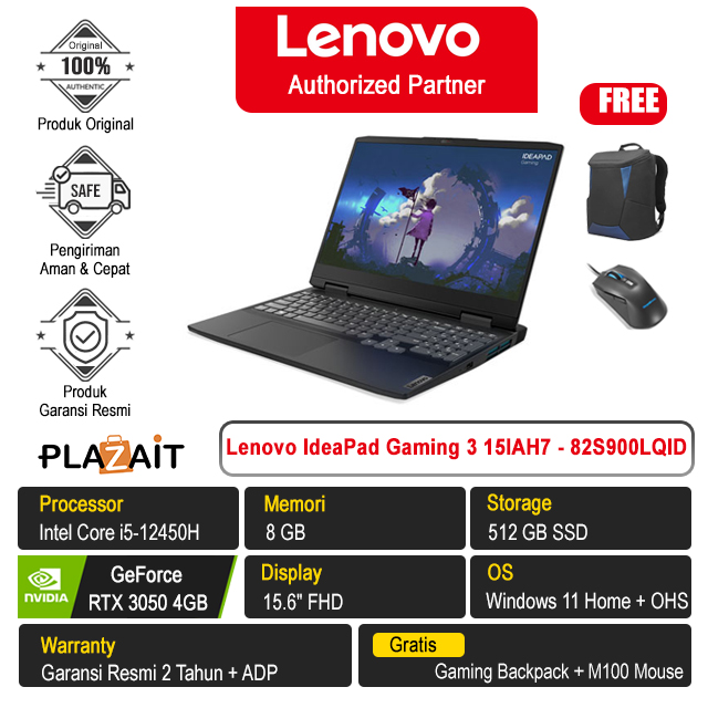 Lenovo IdeaPad Gaming 3 15IAH7 - 82S900LQID /Intel Core i5-12450H/8GB/512GB SSD/RTX3050 4GB/15.6″ FHD/Win 11 Home+OHS 2021/Onyx Grey/2Y
