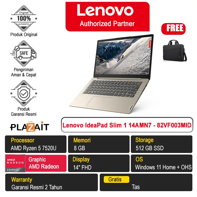 Lenovo IdeaPad Slim 1 14AMN7 - 82VF003MID /AMD Ryzen 5-7520U/8GB /512GB SSD/AMD Radeon 610M Graphics/14″ FHD/Win 11 Home+OHS 2021/Sand/2Y