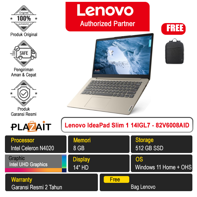 Lenovo IdeaPad Slim 1 14IGL7 - 82V6008AID /Intel Celeron N4020/8GB/512GB SSD/Intel UHD Graphics/14″ HD/Win 11 Home+OHS 2021/Sand/2Y