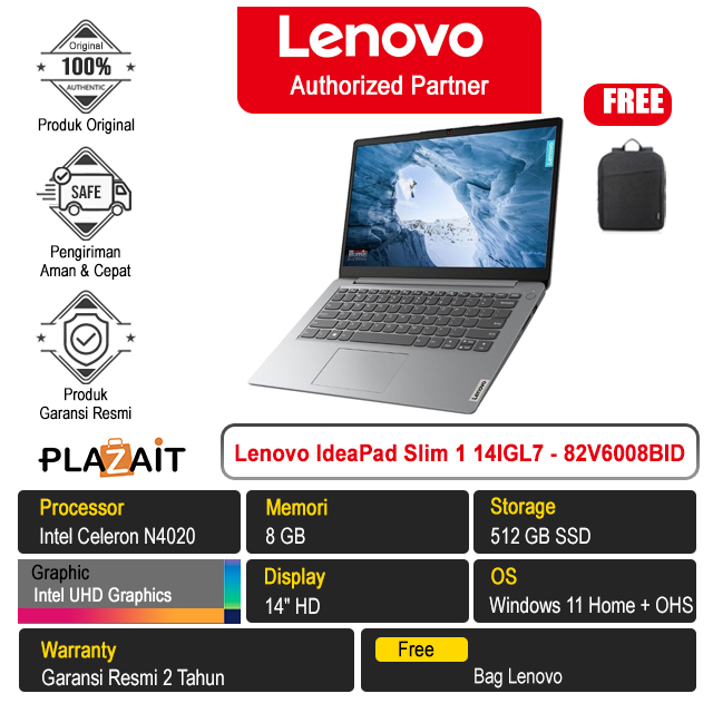 Lenovo IdeaPad Slim 1 14IGL7 - 82V6008BID /Intel Celeron N4020/8GB/512GB SSD/Intel UHD Graphics/14″ HD/Win 11 Home+OHS 2021/Cloud Grey/2Y
