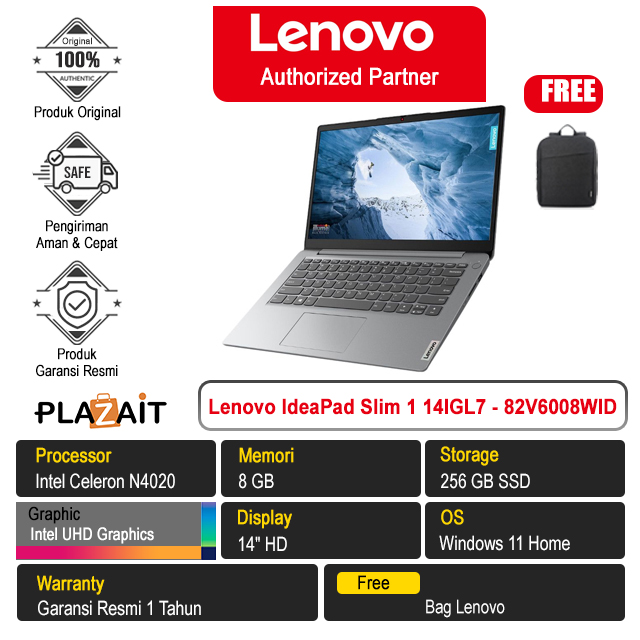 Lenovo IdeaPad Slim 1 14IGL7 - 82V6008WID /Intel Celeron N4020/8GB/256GB SSD/Intel UHD Graphics/14″ HD/Win 11 Home/Cloud Grey/1Y
